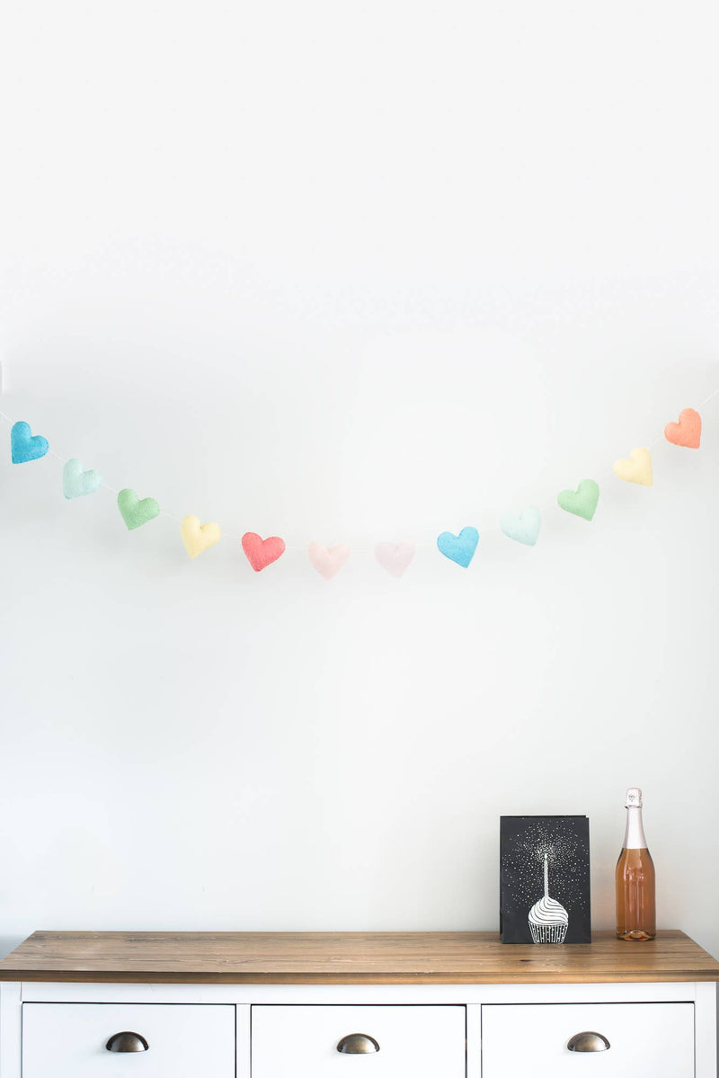 Soft Rainbow Hearts Handmade Felt Garland 