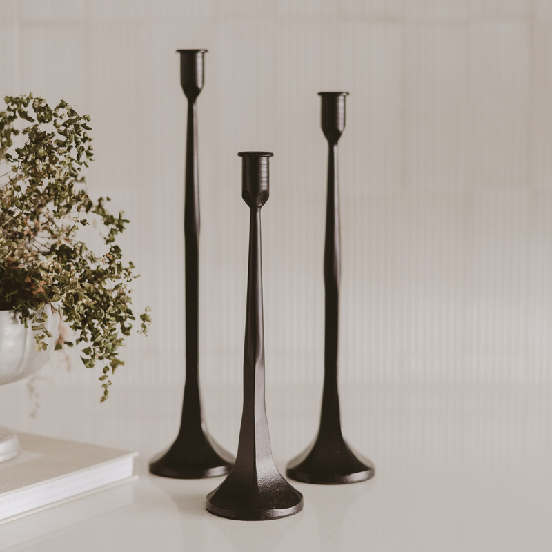 Black Cast Iron Taper Candle Holders, Set of 3